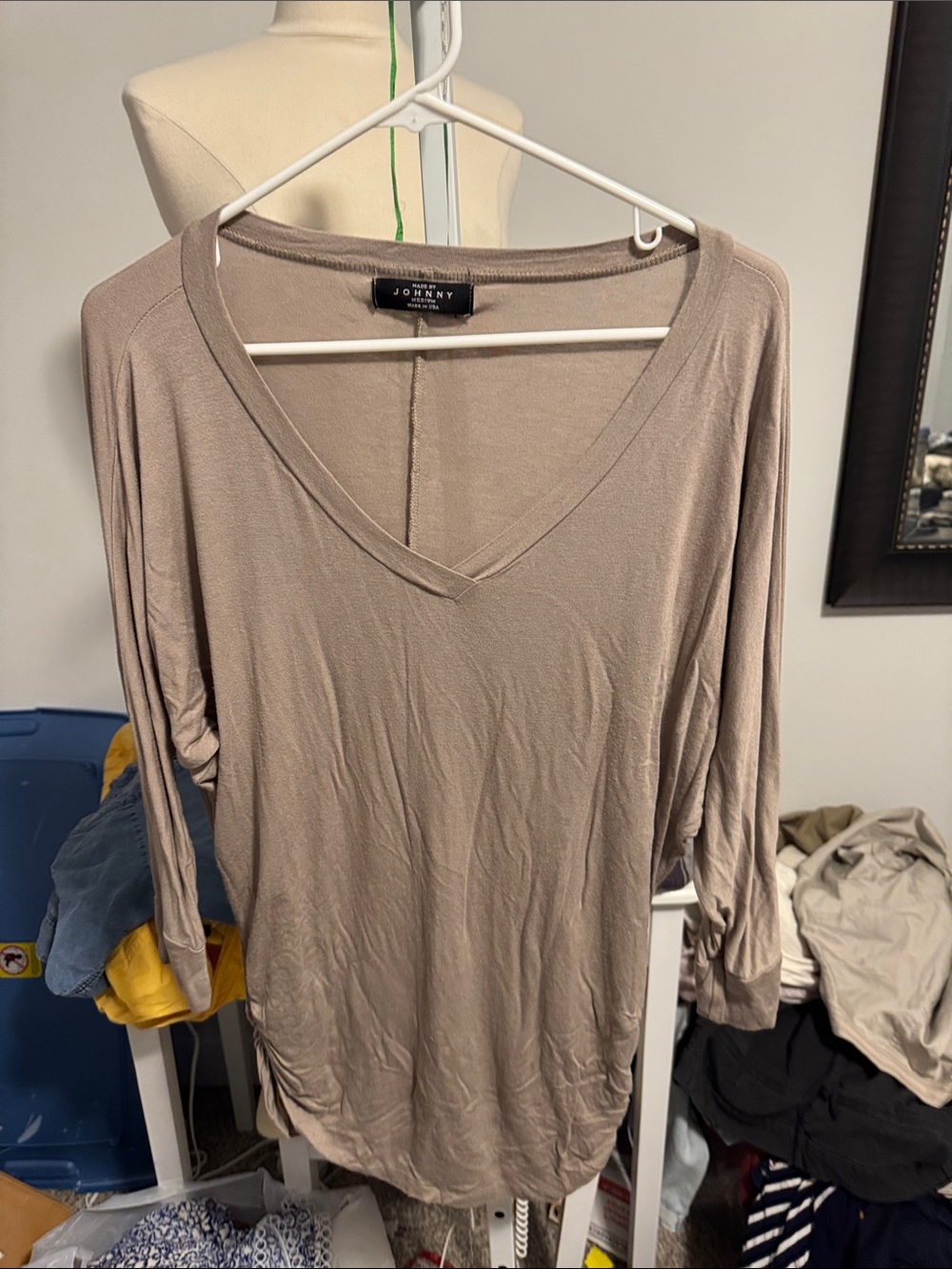 Johnny Was Relaxed V-Neck Long Sleeve Top in Taupe